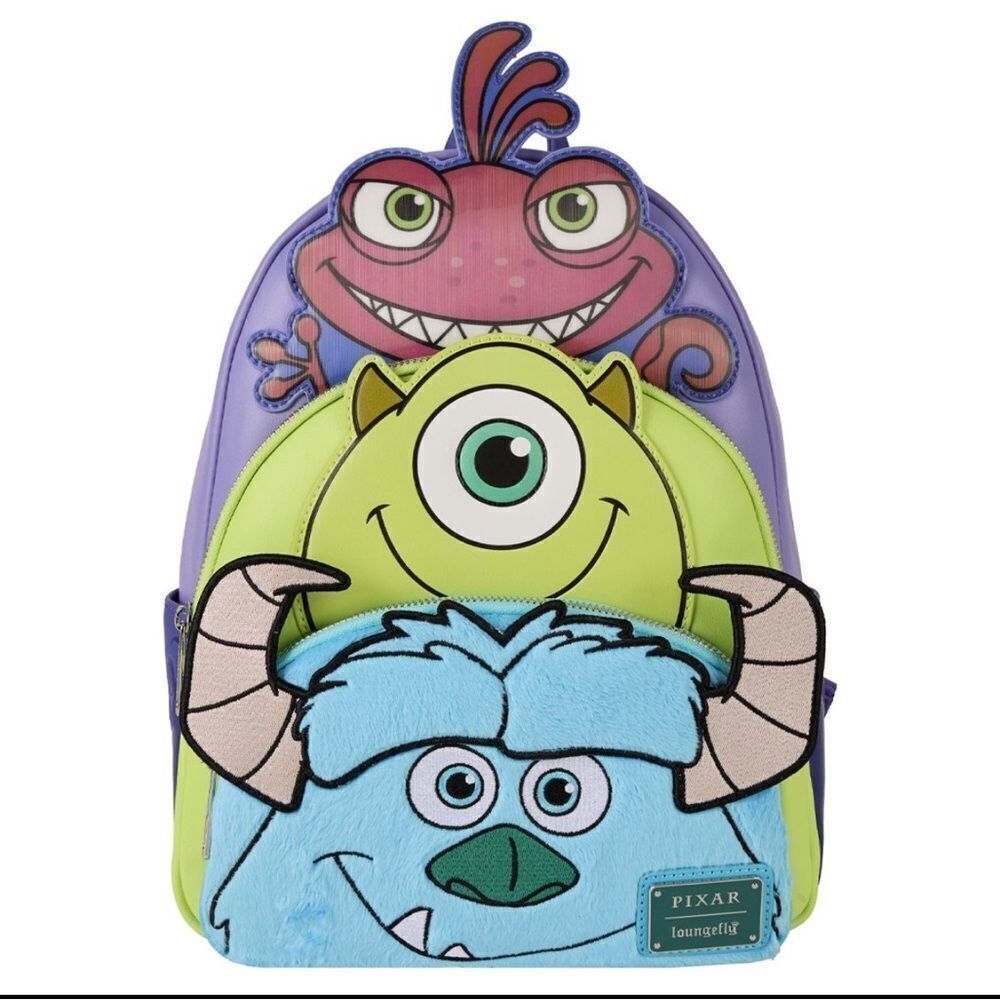 Loungefly Pixar Monsters Inc. Sulley, Mike & Randall Triple Pocket Mini Backpack